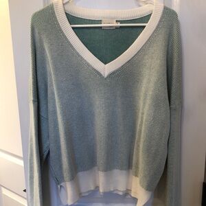 Women's V-Neck Sweater in Green and White